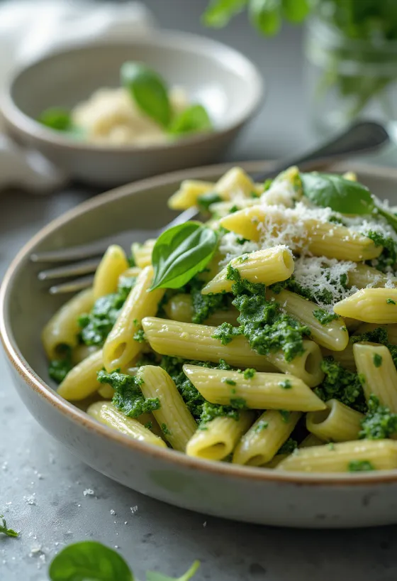 Macarrão cremoso com espinafre polvilhado com parmesão fresco, servido em prato branco.