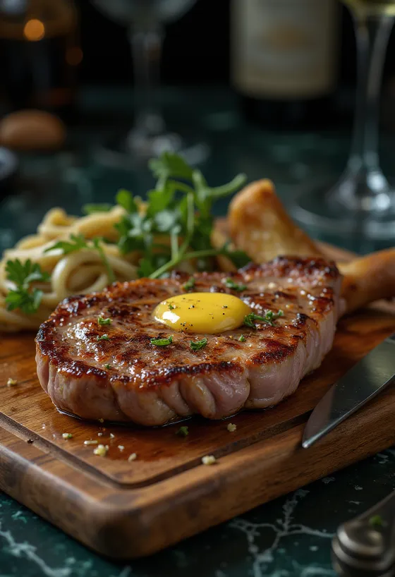 Steak de copa lombo servido com batatas assadas e legumes