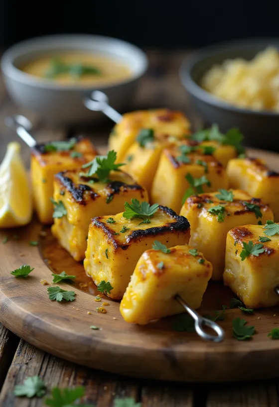 Achari paneer tikka, pedaços de paneer grelhados em marinada de iogurte, servidos com coentro fresco e limão
