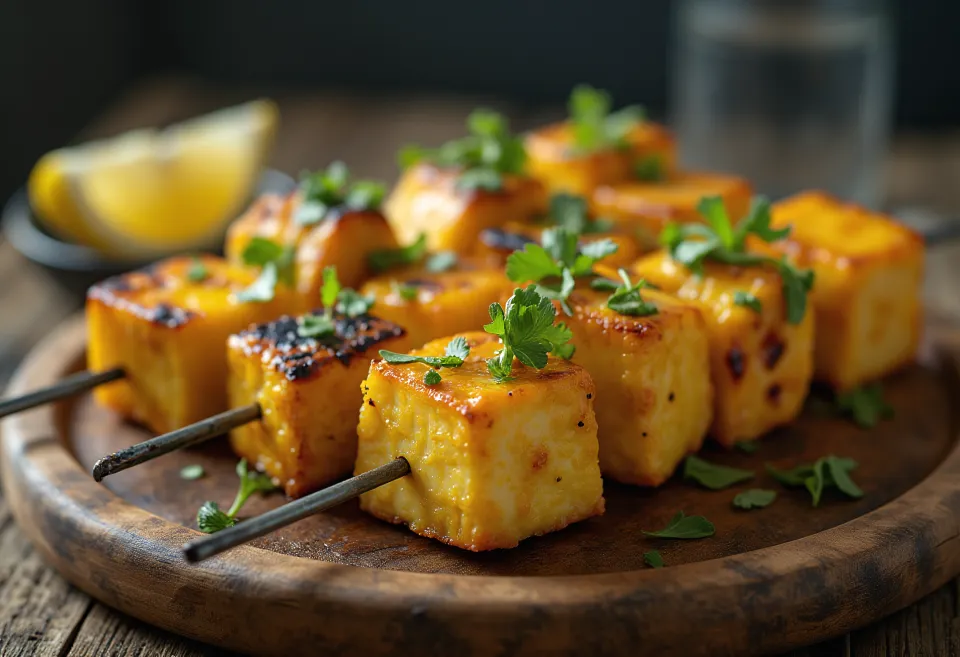 Achari paneer tikka, pedaços de paneer grelhados em marinada de iogurte, servidos com coentro fresco e limão