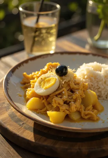 Ají de Gallina servido com cebola, ovo cozido e lascas de amêndoa