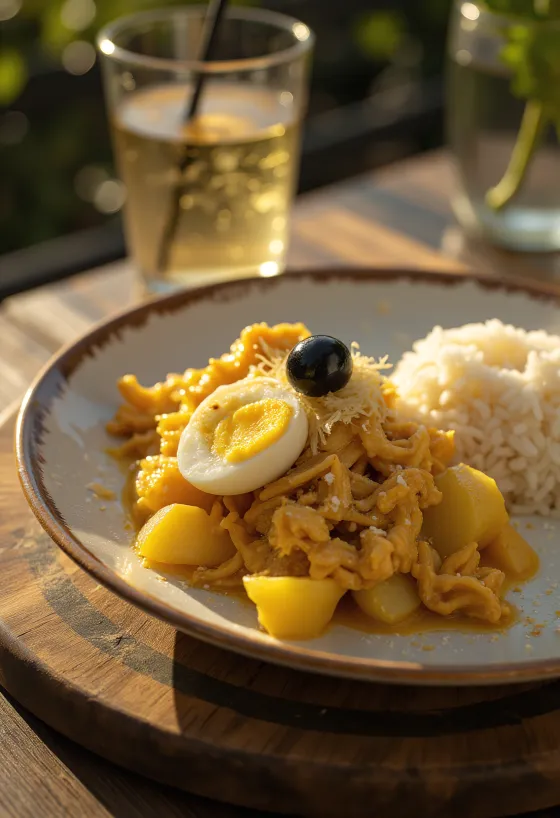Ají de Gallina servido com cebola, ovo cozido e lascas de amêndoa