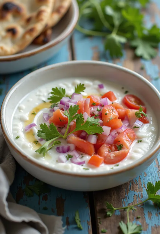 Raita de tomate e cebola, com iogurte, coentro fresco e tomate
