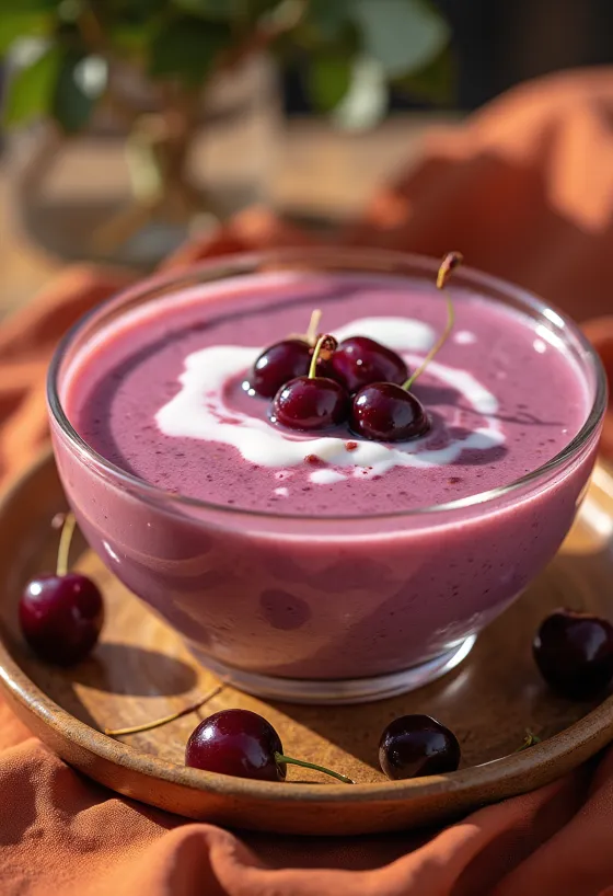 Sopa fria de cereja refrescante decorada com chantilly, servida em tigela branca.