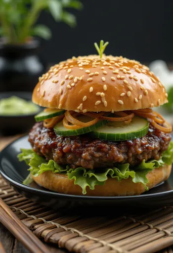 Hambúrguer japonês com molho teriyaki e wasabi