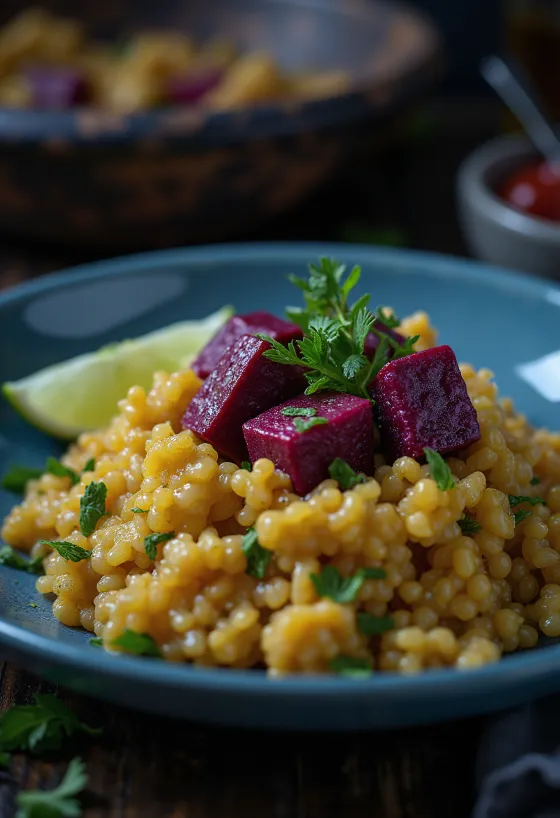 Curry de quinoa e limão com tahine e tofu de beterraba servido