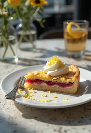 Torta Bakewell com creme de limão, recheio de amêndoa e geleia