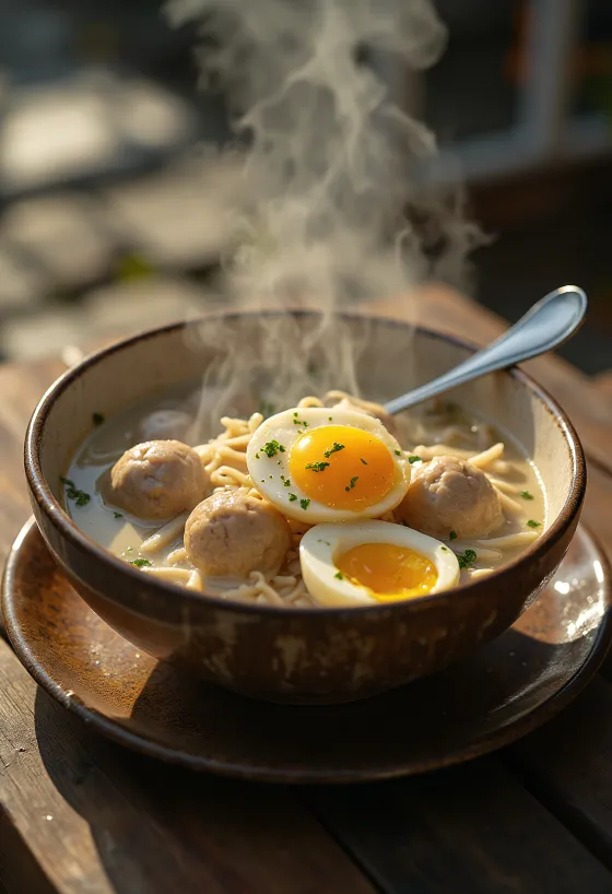 Bakso com ovo, sopa rica de leite de coco, servida com coentro fresco e ovo cozido.