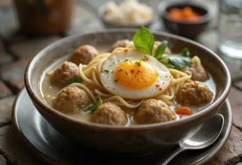 Bakso com ovo, sopa rica de leite de coco, servida com coentro fresco e ovo cozido.