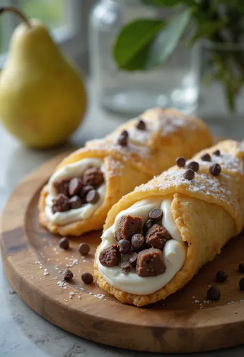 Cannoli de chocolate com pera servido