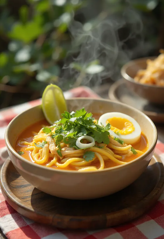 Curry laksa, sopa picante à base de coco servida com frango, macarrão e legumes frescos.