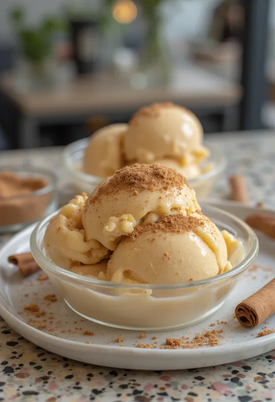 Sorvete cremoso de canela e gengibre servido