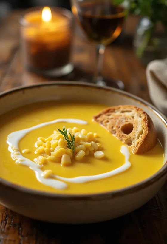Sopa creme de milho decorada com salsinha fresca, servida em tigela branca.