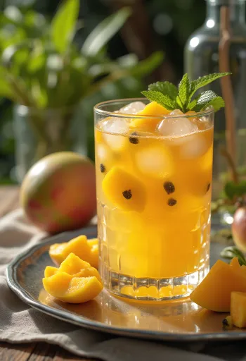 Sidra de manga com maracujá servida fresca em copo alto