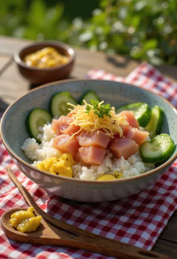 Tigela de Chirashi servida com mostarda japonesa e vegetais frescos