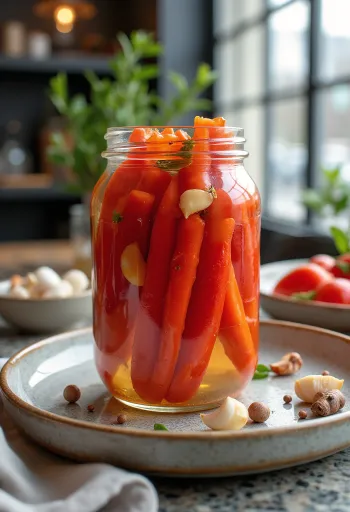 Tiras de pimentão vermelho em conserva picante servidas em vidro