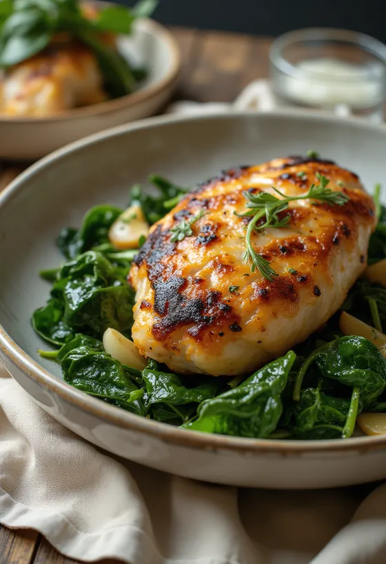 Coxa de Frango Grelhada com Espinafre ao Alho servido