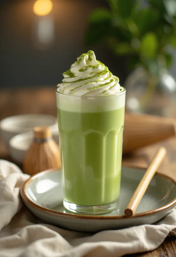 Frappé de matcha verde cremoso servido em copo alto