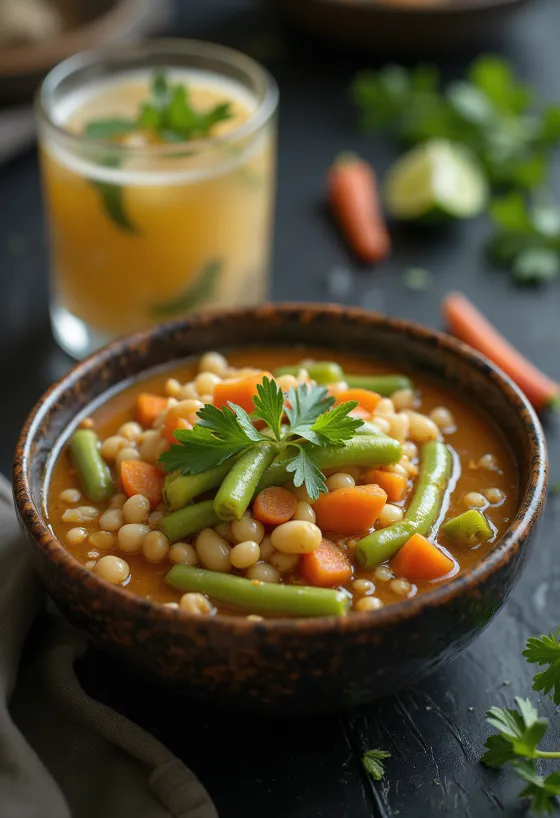 Pozole vegano servido com limão, coentro e cebolinha fresca
