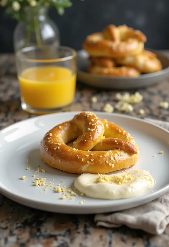 Pretzel servido com creme de ricota fresco, crocante por fora e macio por dentro.