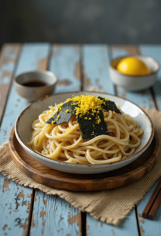 Zaru soba com raspas de limão, servido com gergelim e alga nori