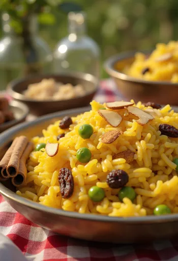 Pulao doce bengalês de arroz amarelo com castanhas e passas