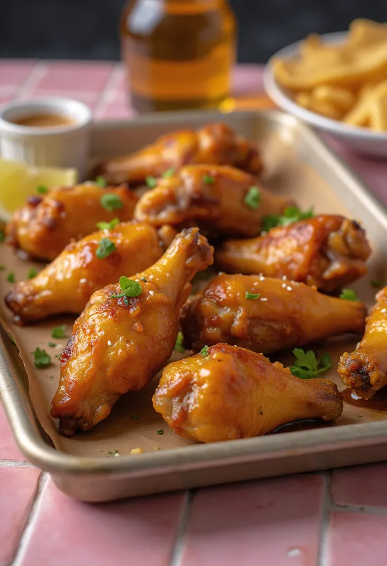 Asinhas de frango com mel e mostarda assadas douradas, servidas com legumes frescos.