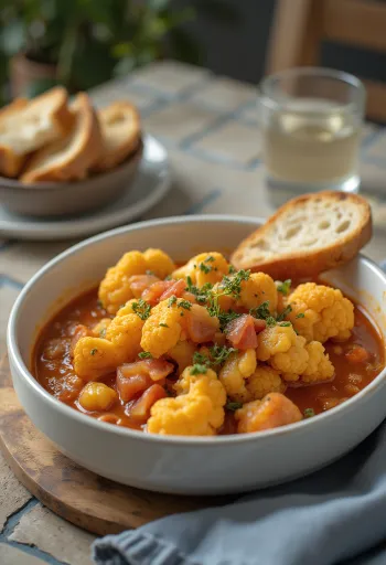 Pörkölt de couve-flor temperado em base de tomate suculenta, polvilhado com salsinha fresca.