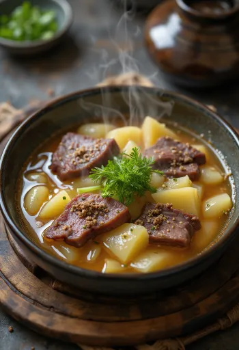 Nikujaga de carne bovina, cozido no vapor com batata, alho-poró e molho shoyu