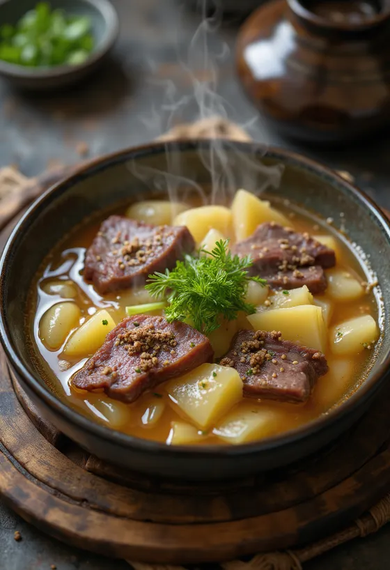 Nikujaga de carne bovina, cozido no vapor com batata, alho-poró e molho shoyu