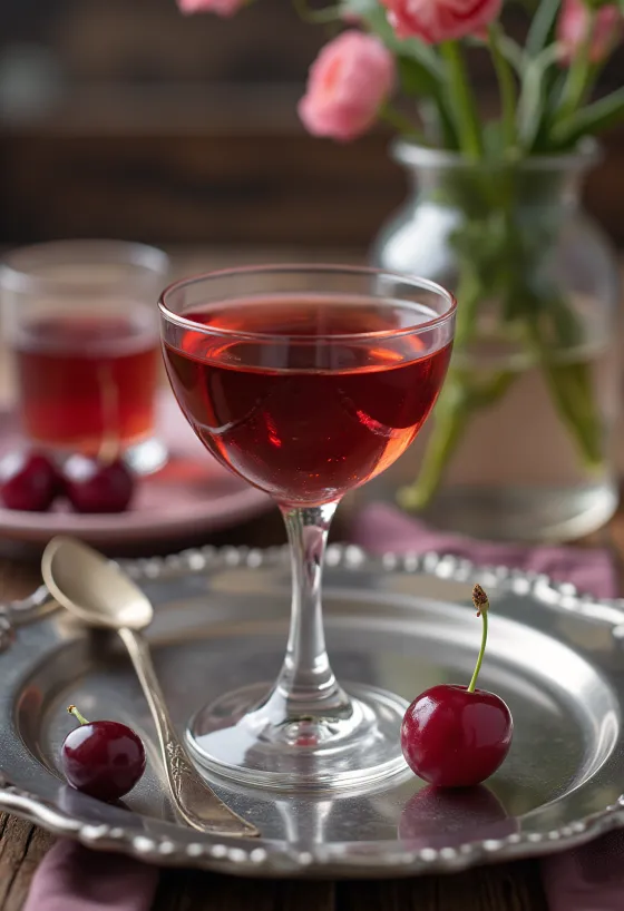 Pálinka de ginja vermelho-escura servida em garrafa de vidro