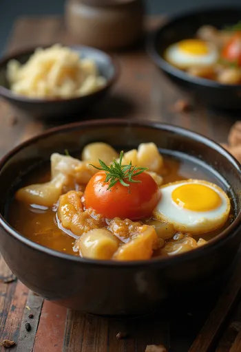 Oden com tomate, sopa japonesa com peixe, tofu, ovo cozido e tomate fresco
