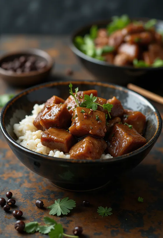 Pork adobo servido com arroz cozido