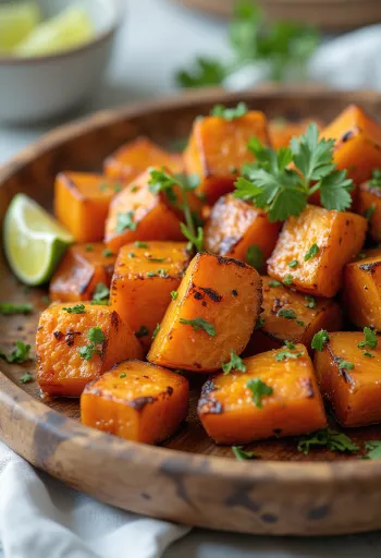 Batata doce temperada prebiótica, servida com coentro e suco de limão