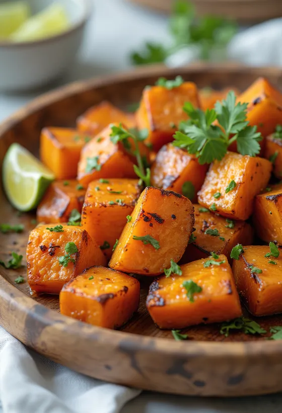 Batata doce temperada prebiótica, servida com coentro e suco de limão