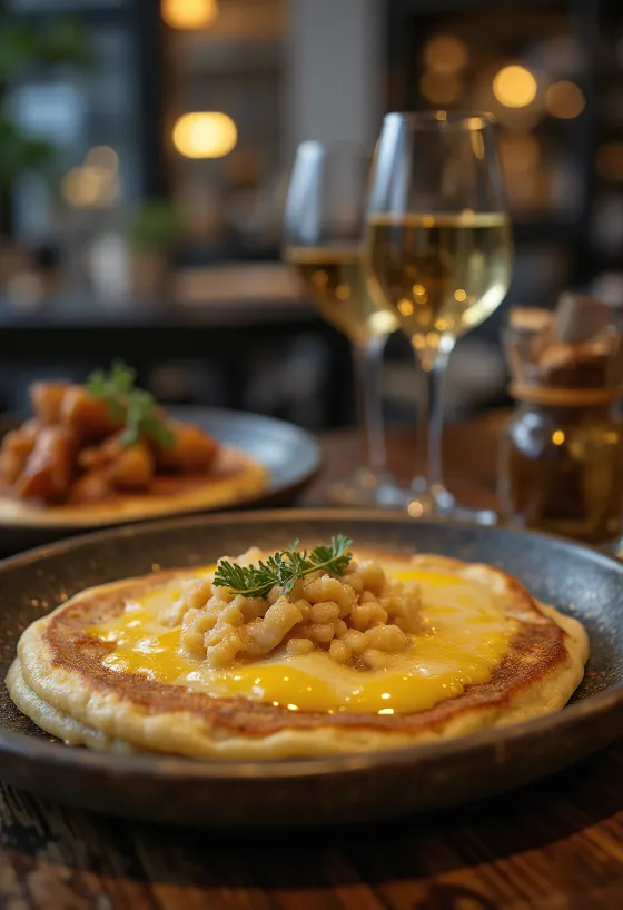 Raclette pancake servida com queijo derretido