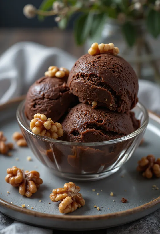 Sorvete de chocolate com pedaços de nozes em taça de vidro