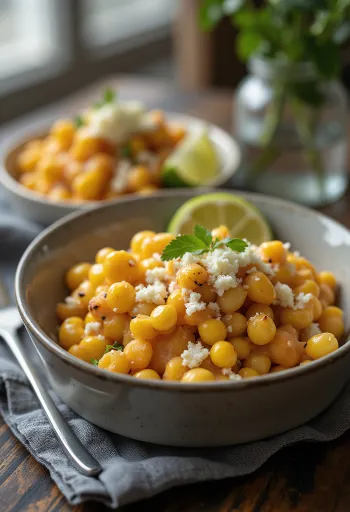 Esquites com creme de chipotle, servido com queijo ralado e limão