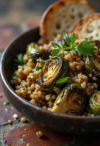 Salada de farro com couve-de-bruxelas assada e vinagre balsâmico, polvilhada com salsinha