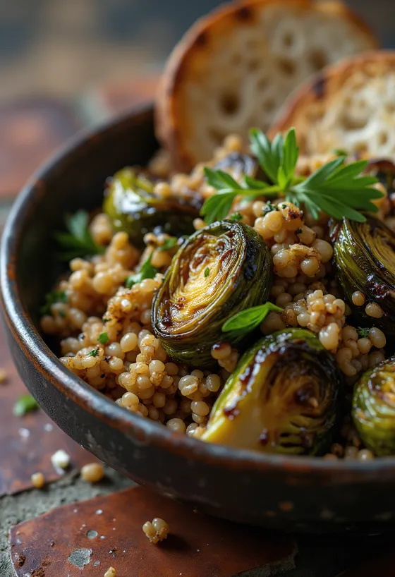 Salada de farro com couve-de-bruxelas assada e vinagre balsâmico, polvilhada com salsinha