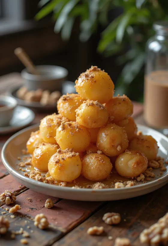 Loukoumades gregos, bolinhos de massa frita com mel e canela