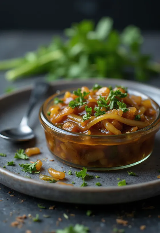 Chutney caseiro de alho-poró prebiótico servido com coentro fresco