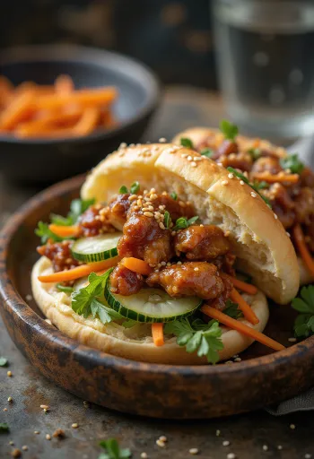 Gyros estilo asiático com frango teriyaki, legumes em conserva e servido em pão bao