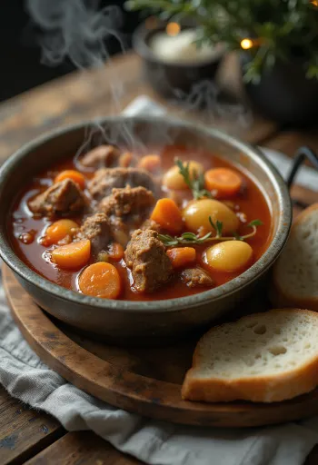 Goulash no caldeirão com sabor defumado, servido ricamente com pão fresco