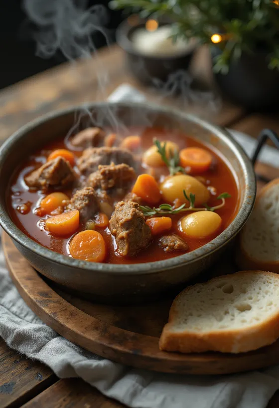 Goulash no caldeirão com sabor defumado, servido ricamente com pão fresco
