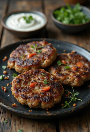 Chapli kebabs achatados e fritos servidos com salada