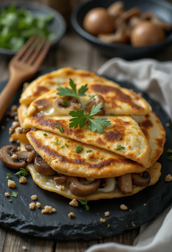 Quesadilla de cogumelos assada até ficar crocante, com queijo derretido, cortada em triângulos