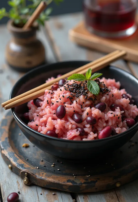 Sekihan tenko servido com azuki, textura rica e polvilhado com sementes de gergelim