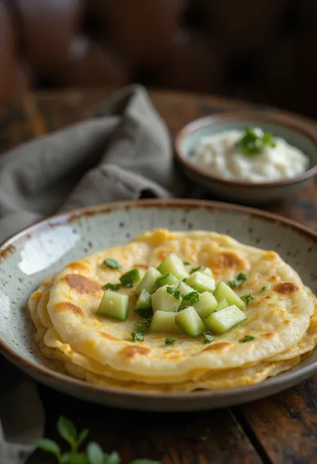 Appam de pepino servido com coentro fresco