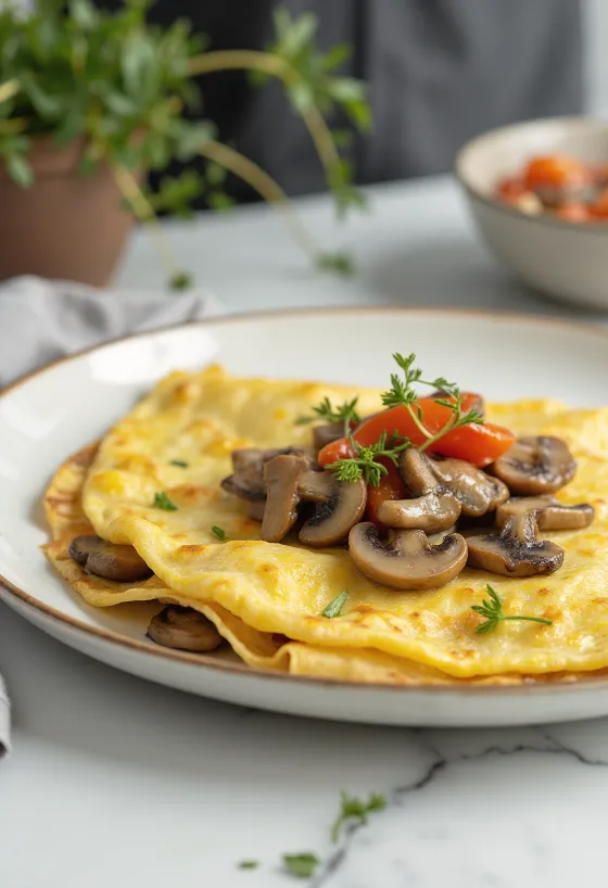 Omelete de cogumelos com pimentão, servida como uma deliciosa omelete dourada